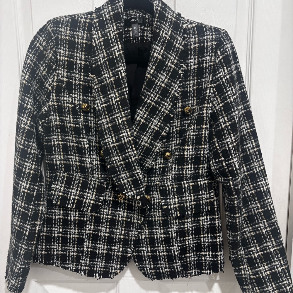 Aqua Black and White Tweed Plaided Blazer
